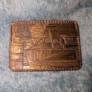 Vintage Nautical Belt Buckle Powerboat & Sailboat Marina Scene with Rope Border